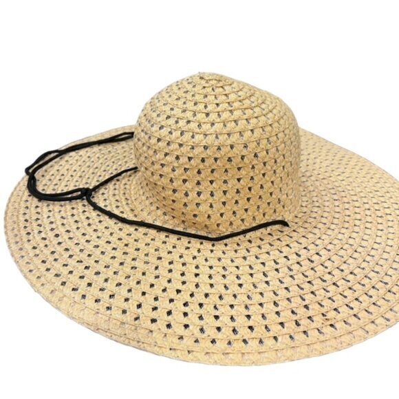 Straw Sun Hat Wide Brim Natural Black Strap Beach Pool Vacation Travel Cruise OS - Picture 7 of 8